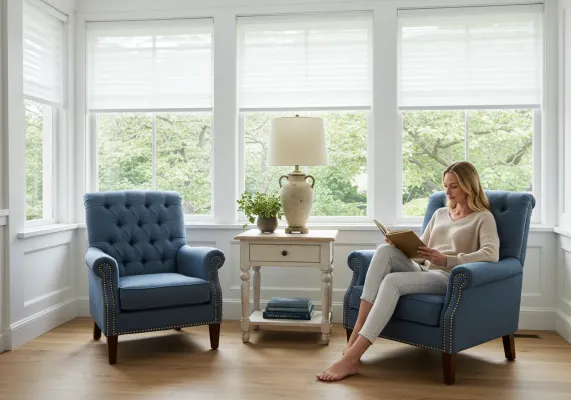 White roller shades creating a comfortable living room with soft natural light