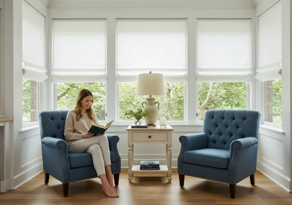 Light-filtering roller shades installed across three living room windows