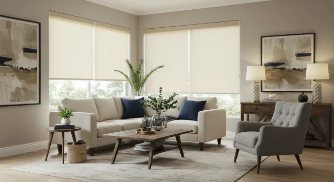 Beige roller shades covering large windows in a modern living roo