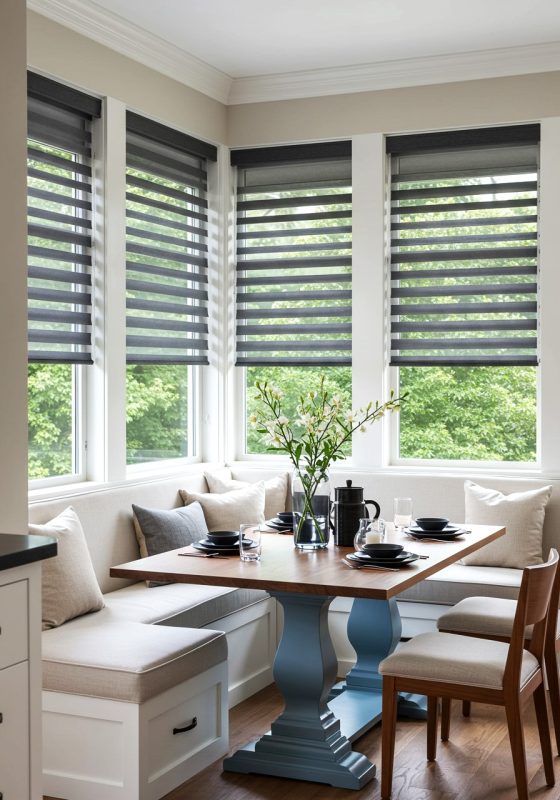 Gray zebra shades controlling sunlight in a modern living room