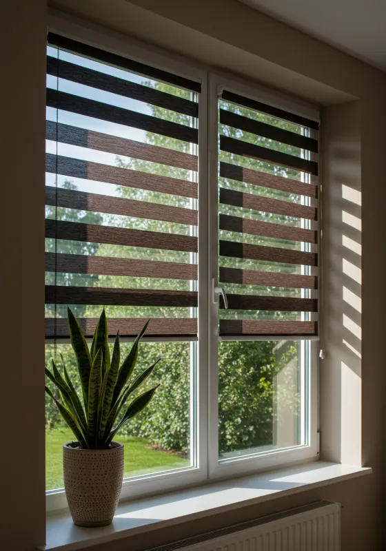 Close-up of brown zebra shades with alternating sheer fabric panels