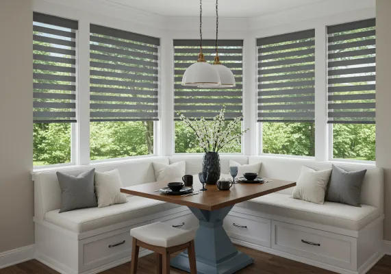 Custom zebra shades fitted around a bright breakfast nook