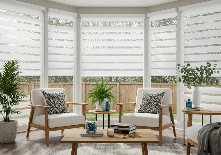 White zebra shades fitted to a curved bay window sitting area