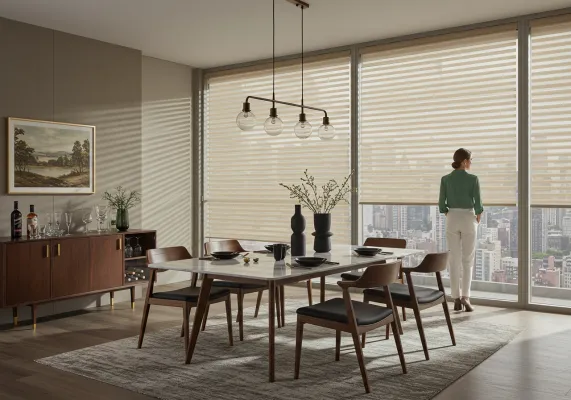 Beige zebra shades installed across contemporary dining room windows