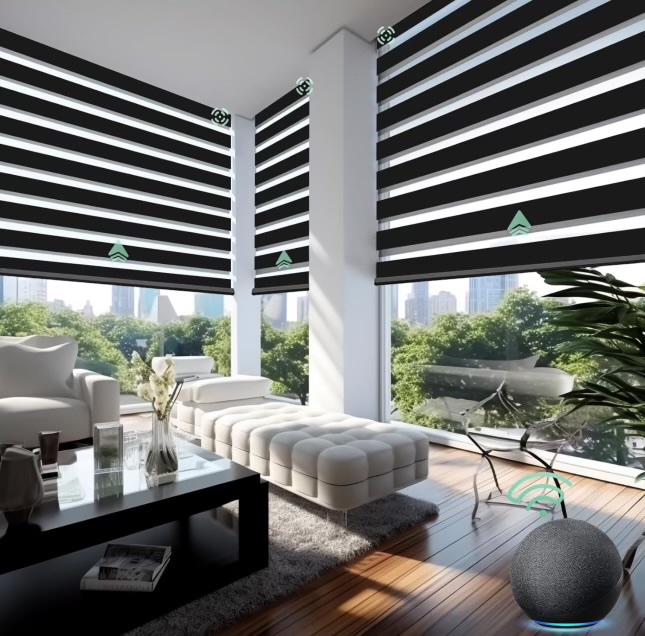 Black zebra shades creating shade and privacy on a covered patio