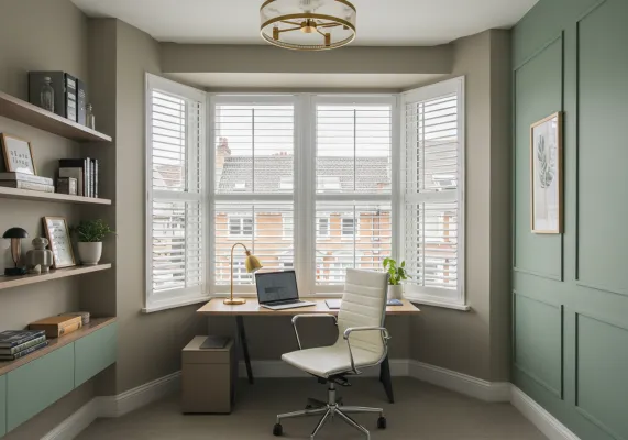 White plantation shutters installed around a home office bay window