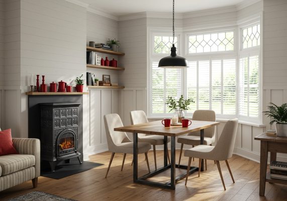 Custom white plantation shutters providing privacy in a dining room