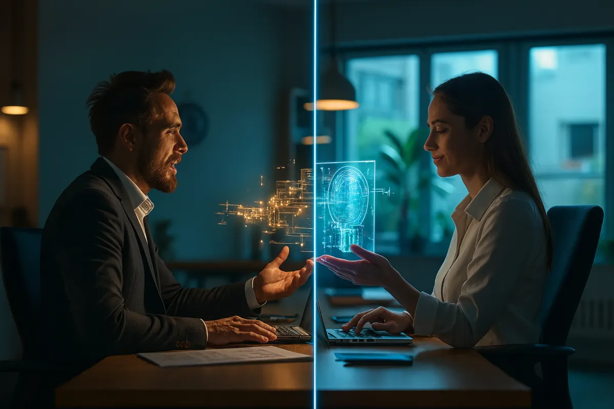 Confident small-business owner looking at a dashboard on a widescreen monitor, photorealistic, relief and regained time thanks to AI automation.