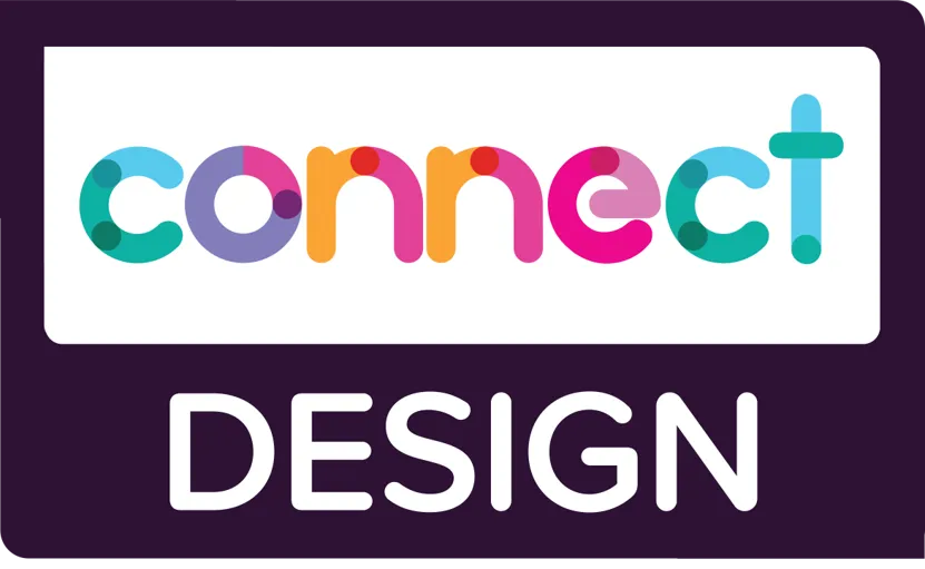 The Connect Design logo. The word "connect" is written in a colourful, playful font with a gradient effect and circular dots, in shades of pink, orange, purple, and green. Below it, "DESIGN" is written in bold, white uppercase letters on a dark purple background.