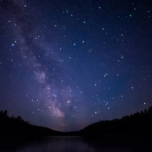 A star-filled night sky with the Milky Way visible above a dark, tree-lined horizon reflected in a calm body of water.