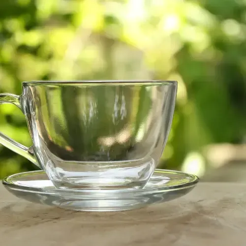 An empty glass teacup on a saucer placed on a wooden surface, with a blurred green garden in the background.