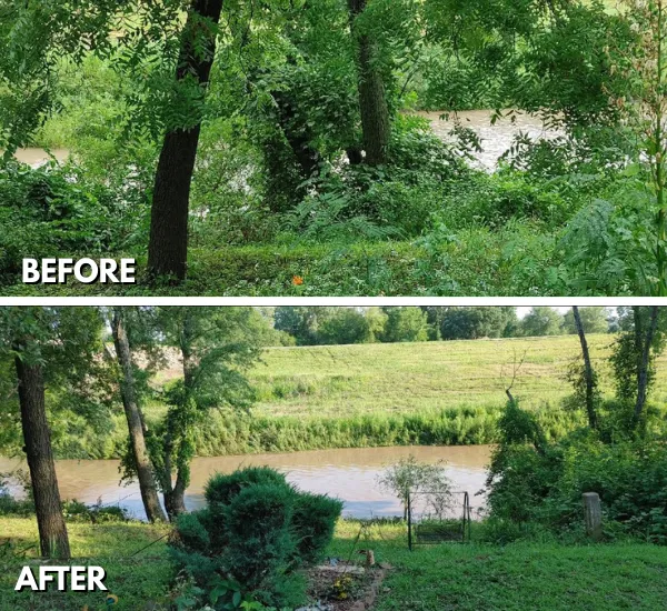Side‑by‑side view of a Topeka riverbed thick with brush before clearing and tidy, trimmed banks after brush removal