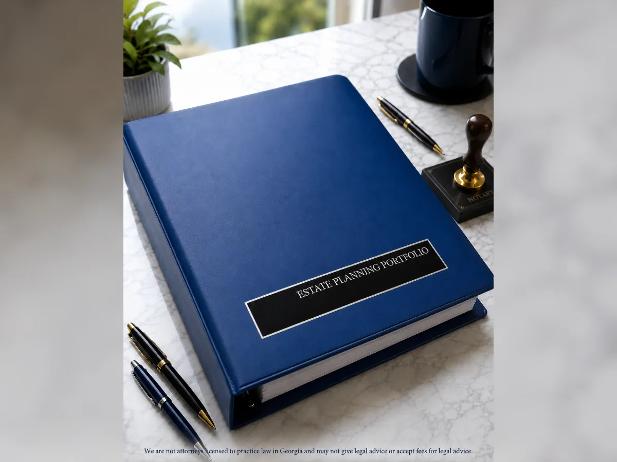 A navy blue "Estate Planning Portfolio" binder on a marble desk with pens, a notary stamp, and a coffee cup that reprsents GiNN Mobile Notary 