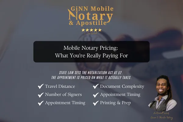 GiNN Mobile Notary & Apostille graphic titled "Mobile Notary Pricing: What You're Really Paying For." Subhead: "State law sets the notarization act at $2. The appointment is priced on what it actually takes." Checklist: Travel Distance, Number of Signers, Appointment Timing, Document Complexity, Witnesses Needed, Printing & Prep. Photo of LaDarrell Worf, Owner & Master Notary.