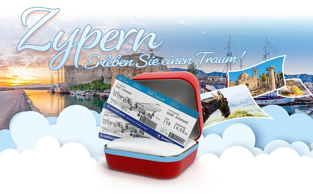 Bilder vom Reiseland Zypern mit schönen Gebäuden, Eseln und einem Hafen, sowie zwei Reisetickets