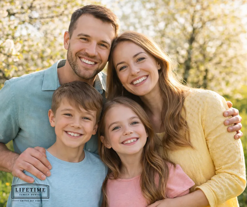 Cheerful family of 4 (parents + children) smiling outdoors in spring setting — bright and warm. No stock tooth imagery.