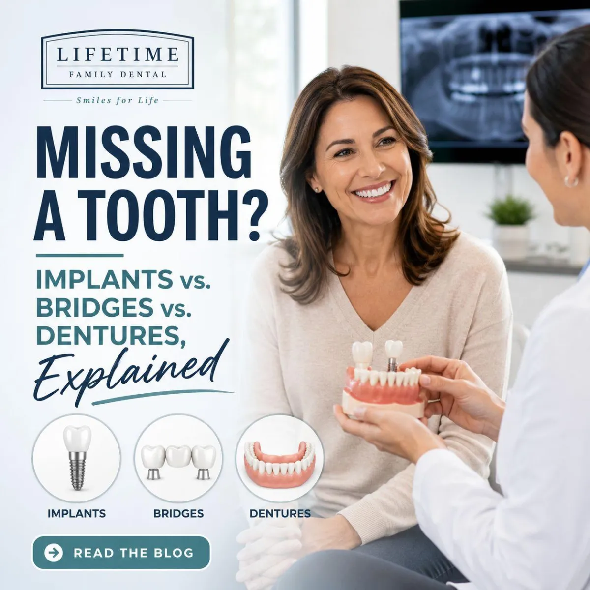 A patient smiling confidently after tooth replacement in a bright dental office