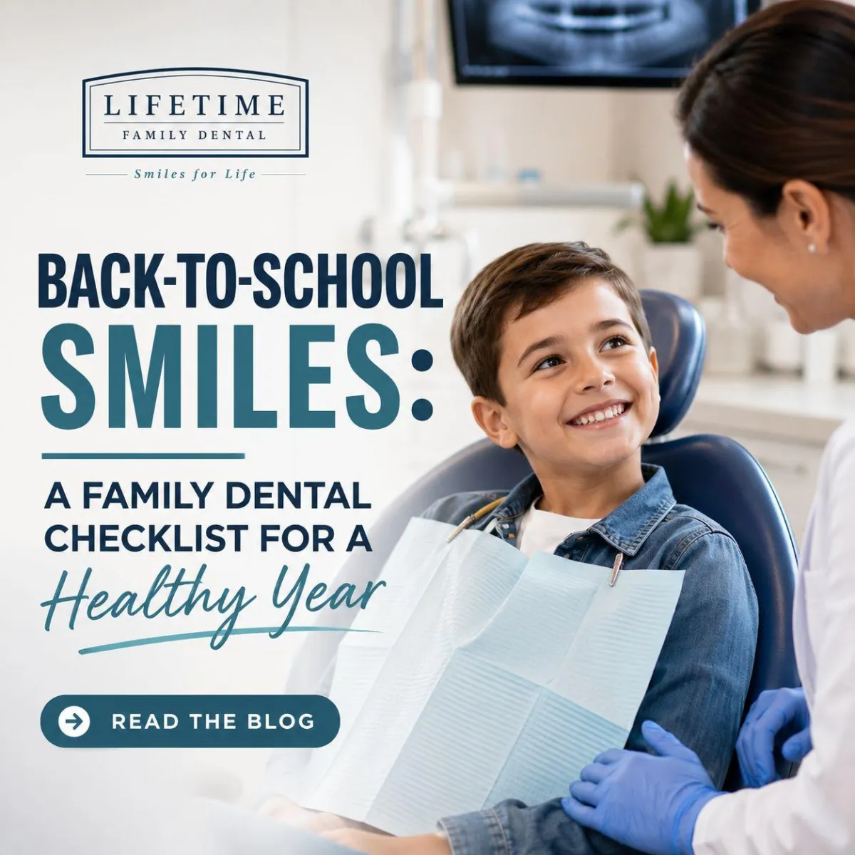 A smiling child with a healthy smile holding a backpack, ready for school