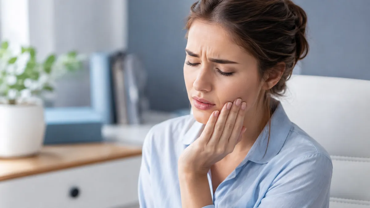 A person holding their jaw in the morning, suggesting jaw tension from grinding