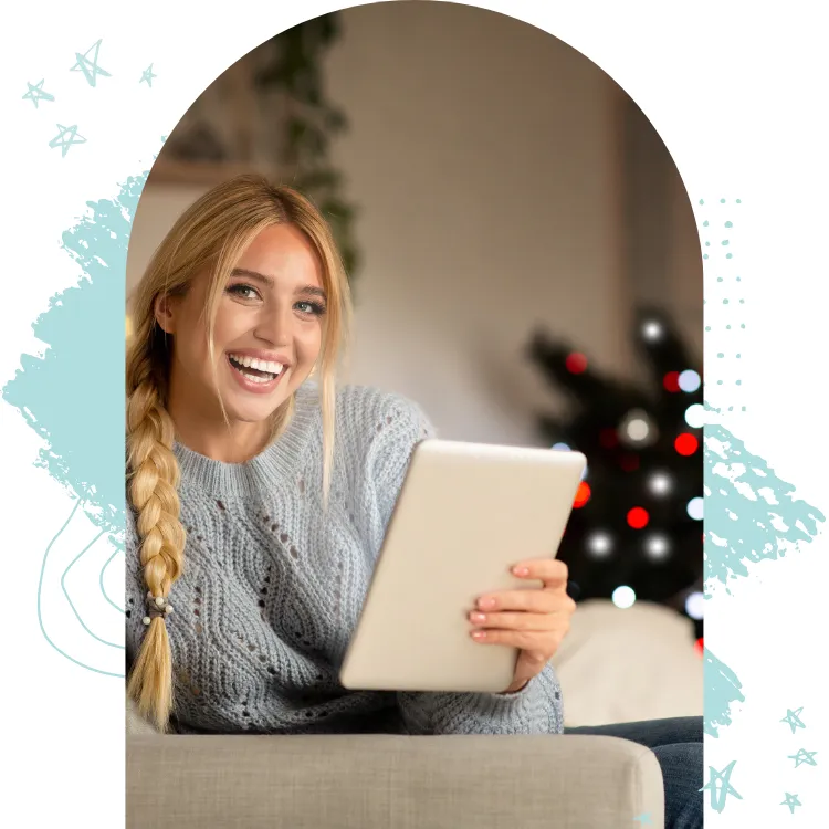 Lady smiling holding electronic tablet