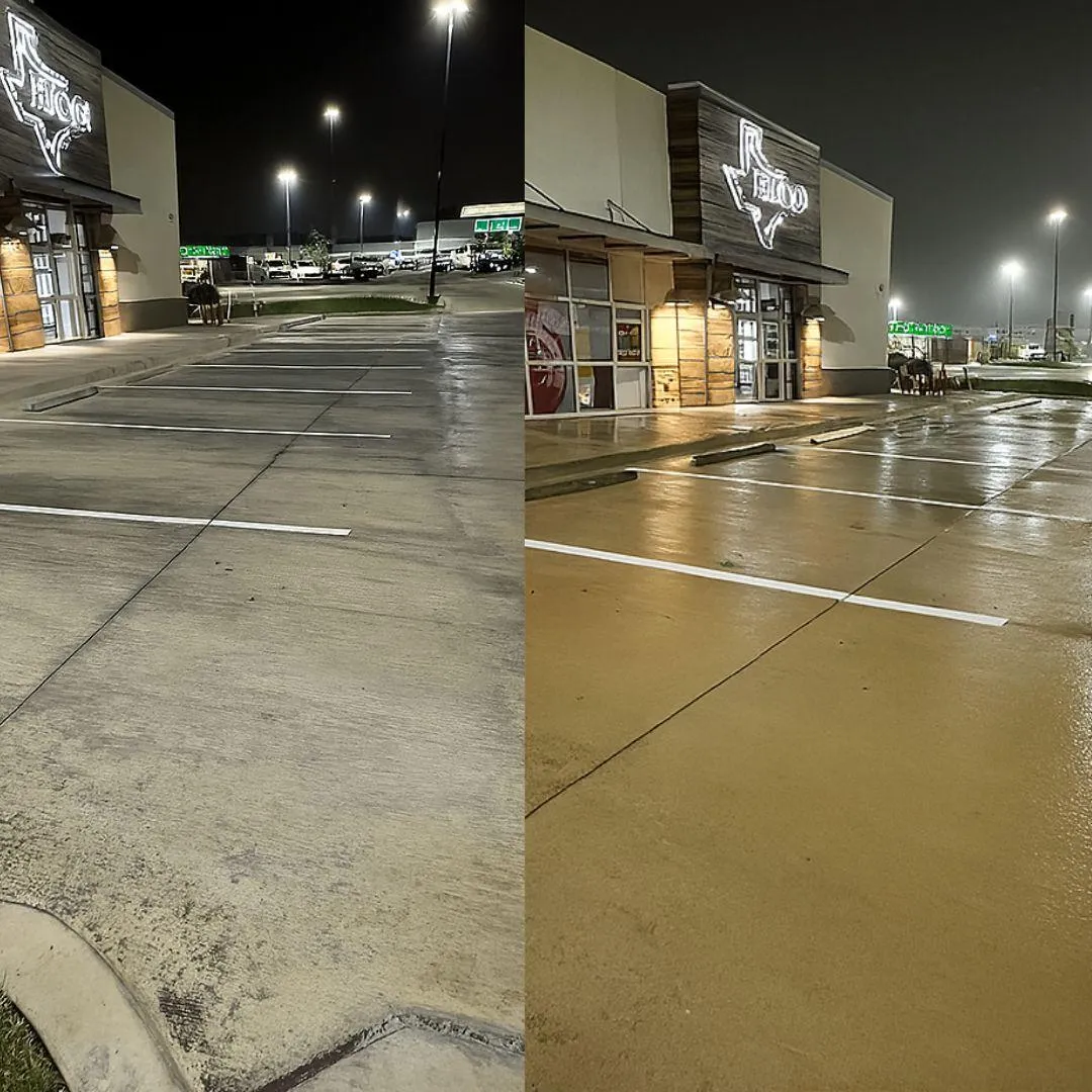 Pressure washing before and after San Antonio - dramatic driveway cleaning transformation from dirty concrete to like-new condition