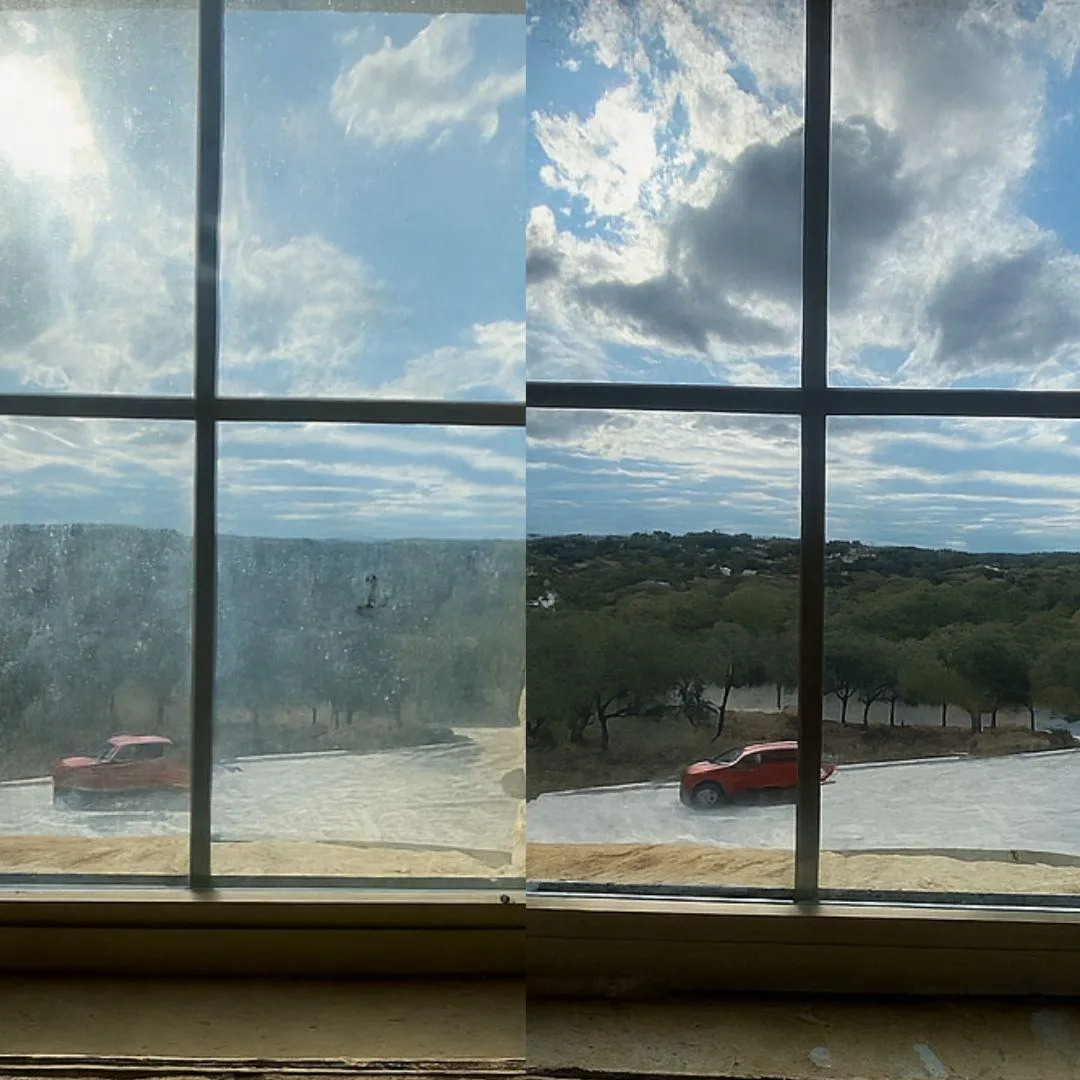 Window cleaning before and after results San Antonio - D&D Window Cleaning transforms dirty commercial windows to streak-free clarity