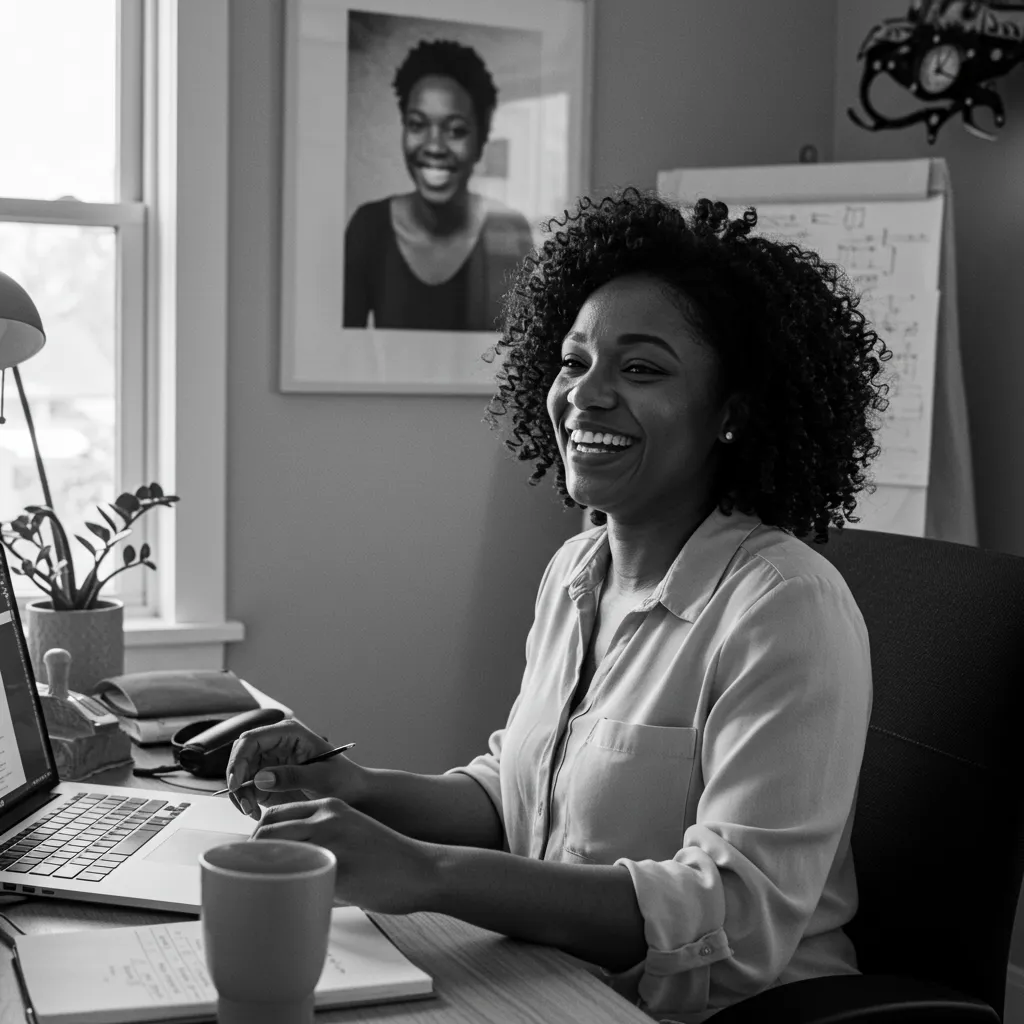Woman on her computer happy to be attending the God Class