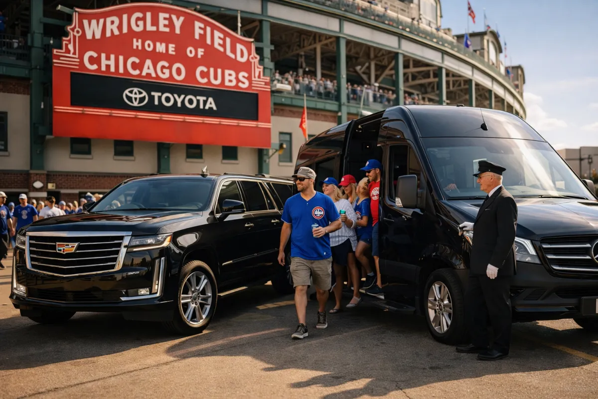 Black Cadillac Escalade and Mercedes Sprinter van with Cubs fans at Wrigley Field marquee on a sunny Chicago game day.