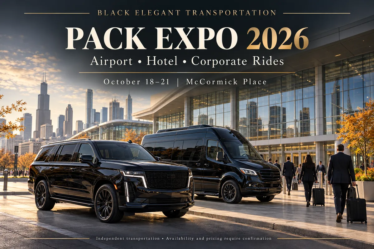 Illustration of a black SUV and executive Sprinter outside a Chicago convention center for PACK EXPO 2026 transportation