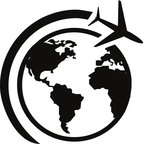 Global aerospace icon with an airplane circling the Earth, representing HTEI's international reach in elastomer solutions