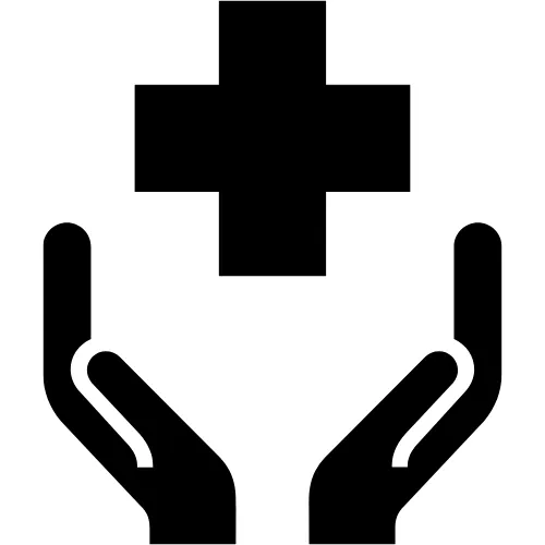 Icon with hands holding a cross, representing HTEI's elastomer solutions for the healthcare industry, including medical devices.