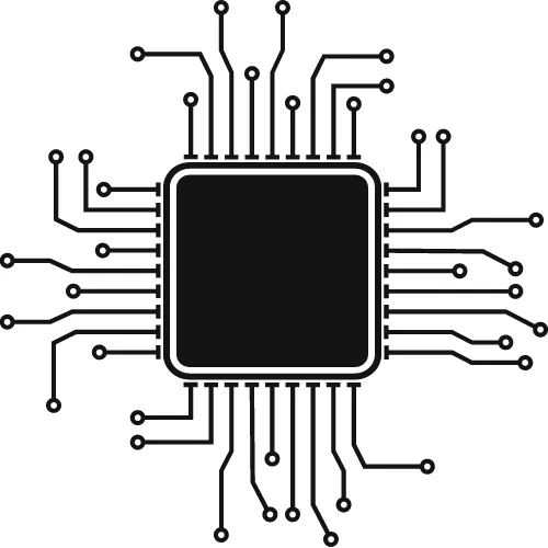 Semiconductor icon with circuit board design, representing HTEI's elastomer solutions for the semiconductor industry.