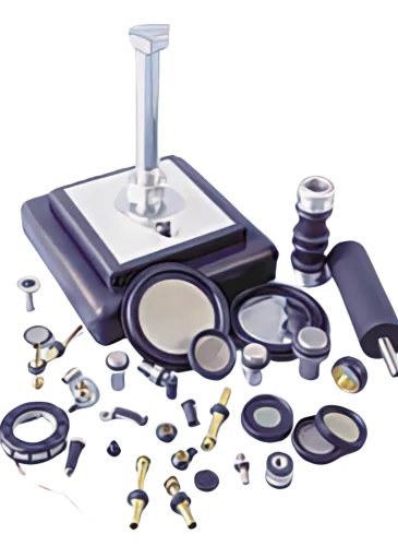 Assorted parts including vibration isolation mounts, poppets, armatures, plunger pins, rubber-bonded crash stops, actuators, stators, and magnetic latch assemblies for disk drives by HTEI