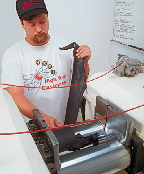 Technician at High Tech Elastomers using a medical-grade mill to ensure precise compound mixing for partners' high-performance elastomer projects