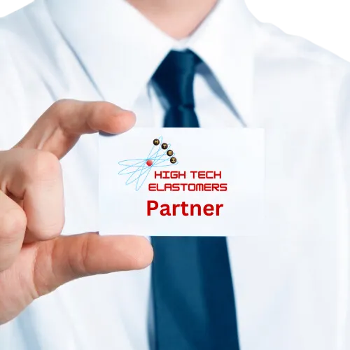 Business professional holding a card with High Tech Elastomers Partner information, highlighting partnership opportunities