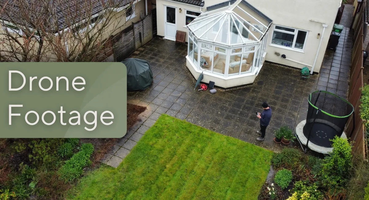 Drone footage of a garden, with fresh patio