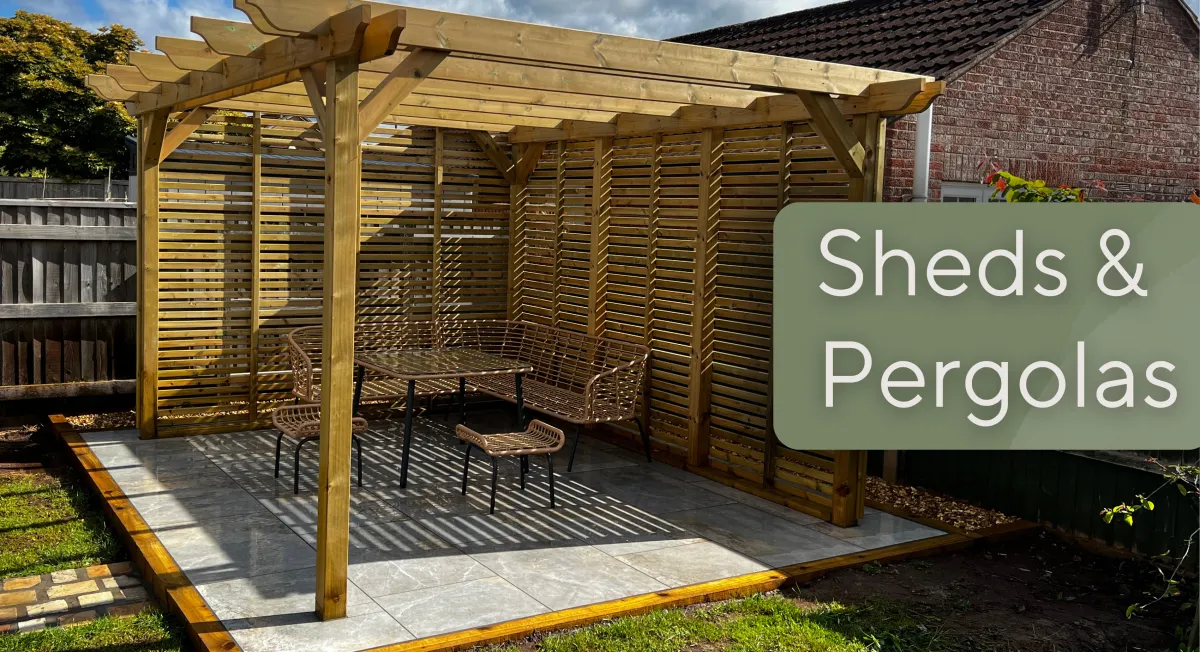 Garden pergola with pretty seating area on a marble patio.