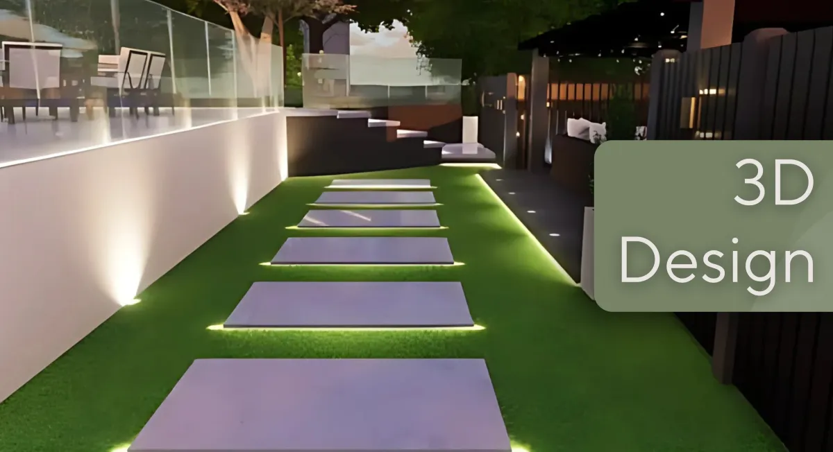 3D design of a paved walkway into a back garden seating area.