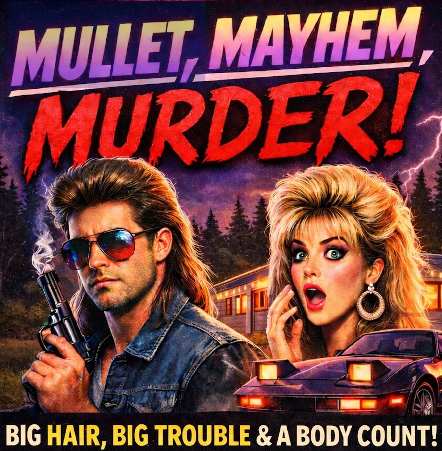 Murder mystery crime dinner promotional scene for Britt's Wine & Dine: suspects in dramatic lighting, vintage car, and a tense dinner setting