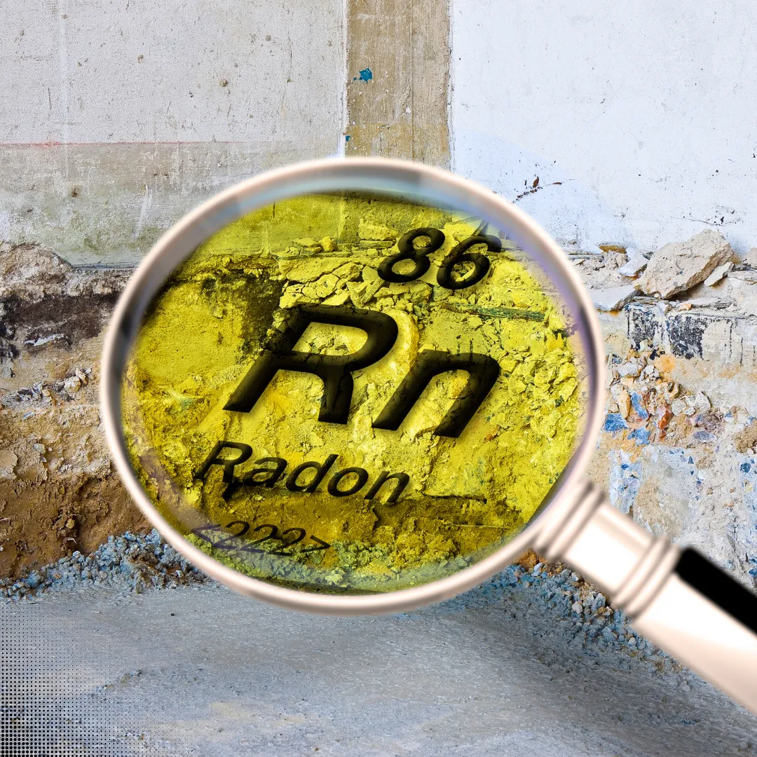 Radon testing illustration showing radon gas detected beneath a home foundation