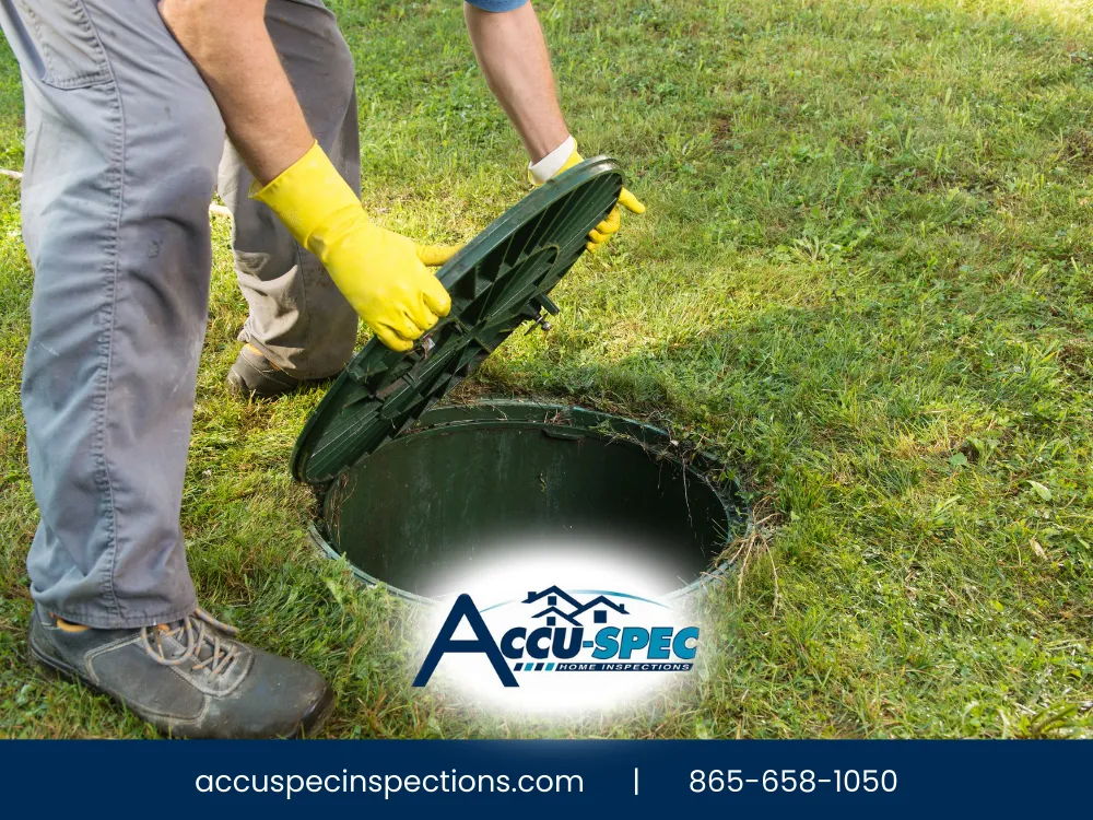 Septic tank lid removal using lifting tool during septic system inspection