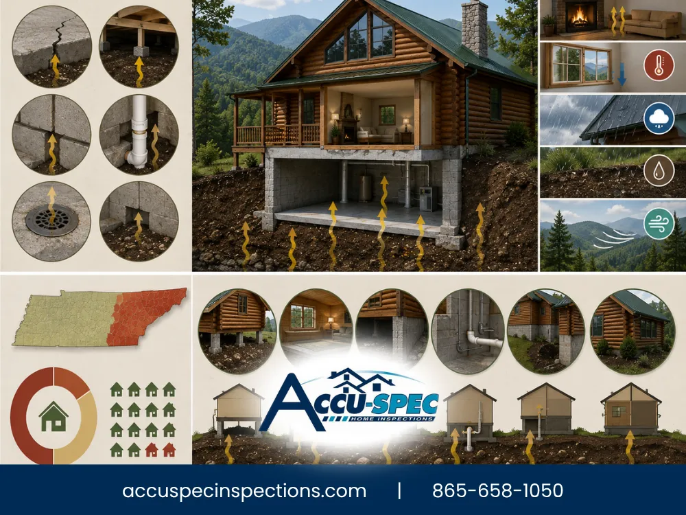 Accu-Spec Home Inspections diagram showing soil gas and radon entry pathways into a log cabin crawl space and basement.
