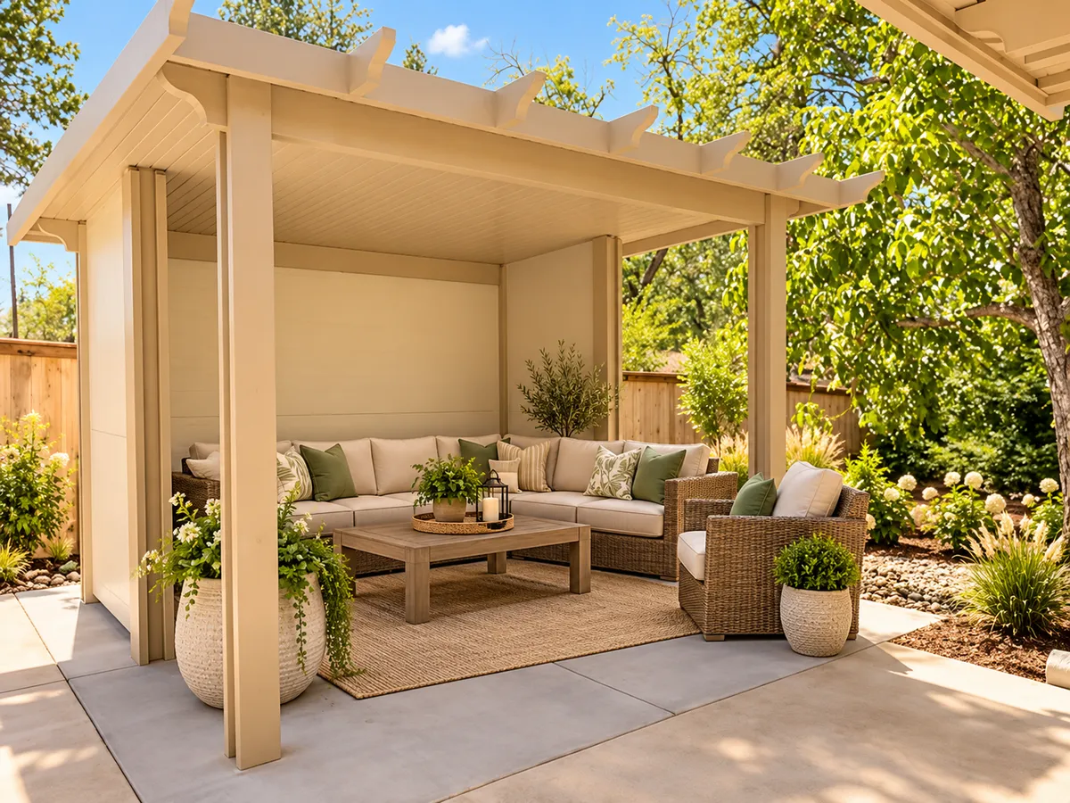 Freestanding louvered aluminum patio cover over a backyard patio in Chico, CA