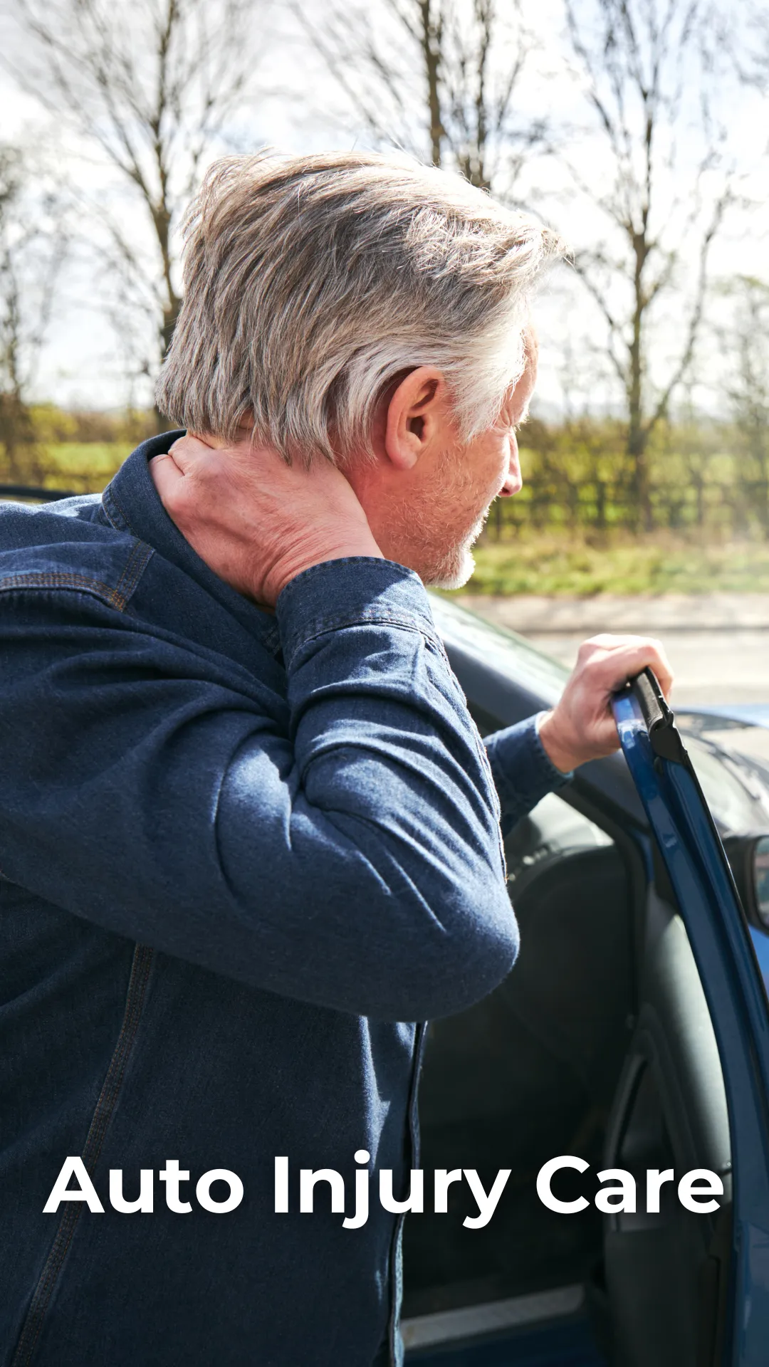 An older man holding his neck in pain after a car accident, standing next to his vehicle. Auto injury care provided by a chiropractor in Amarillo, TX