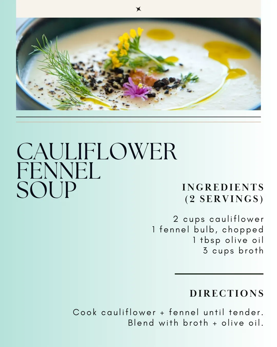 Bowl of creamy cauliflower fennel soup garnished with herbs