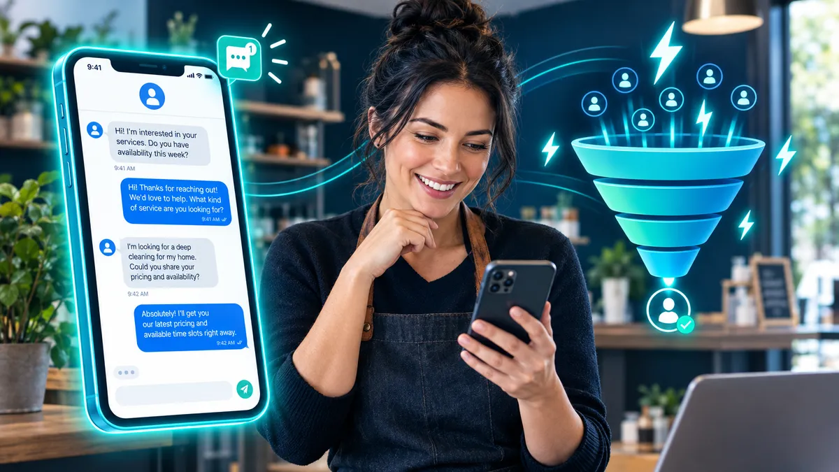 Small business owner receiving instant AI-powered lead follow-up notifications on smartphone