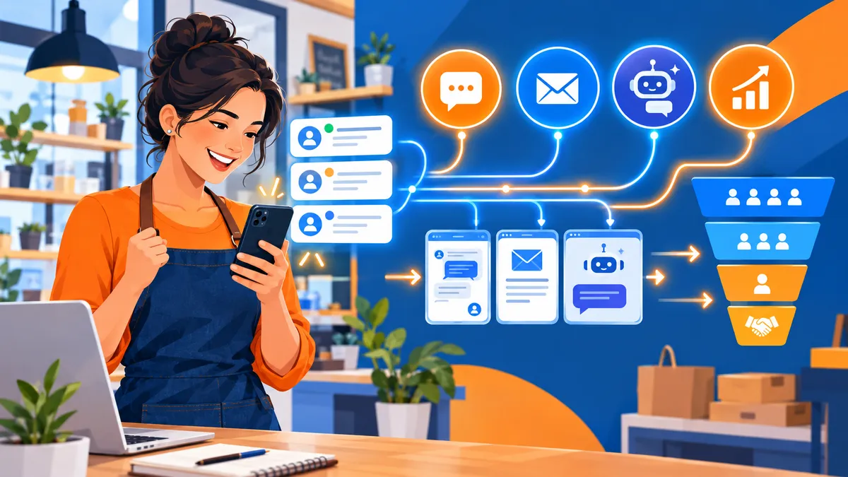 Small business owner receiving automated lead follow-up notifications via SMS and email on a smartphone
