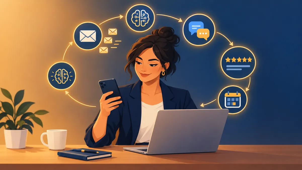 Small business owner using marketing automation tools on smartphone and laptop