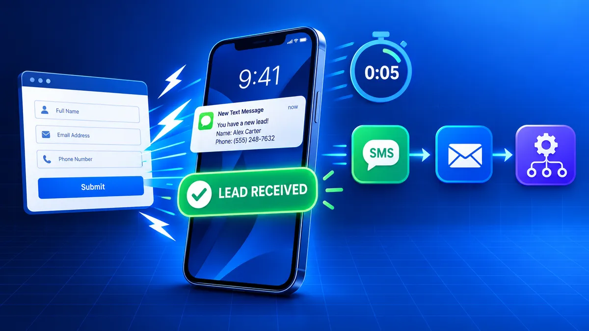 Smartphone receiving an instant lead notification with automation icons and speed indicators
