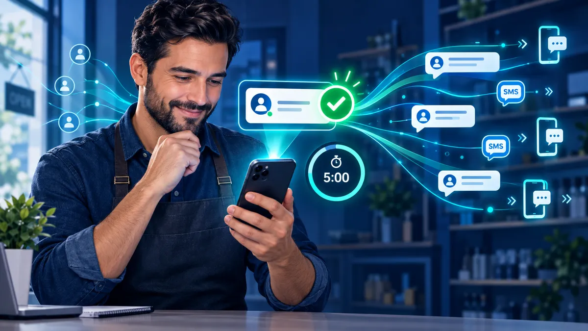 Small business owner receiving instant lead notifications through AI-powered voice and messaging automation